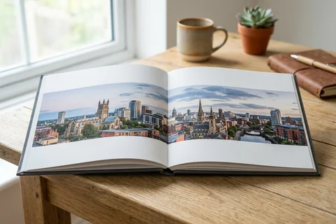 photo book leeds – an open layflat photo book showing a panorama of the Leeds skyline across the double-page spread