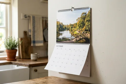 photo calendar leeds – a spiral-bound wall calendar open on a month showing Golden Acre Park, hanging in a kitchen