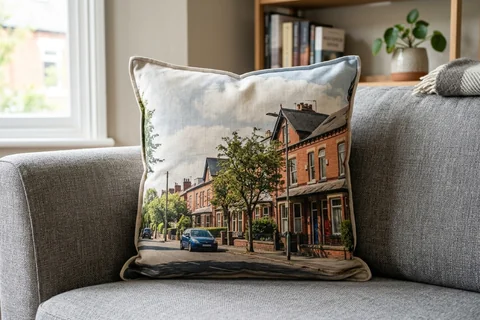 photo cushion leeds – a plush square cushion printed borderless with a Headingley terrace on a grey sofa