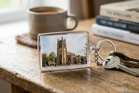 photo keyring leeds – a rectangular photo keyring showing Leeds Minster beside a set of keys