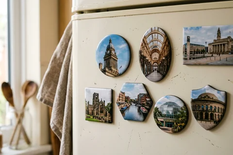 mixmags photo magnets leeds – several photo magnets of Leeds landmarks in different shapes on a fridge door