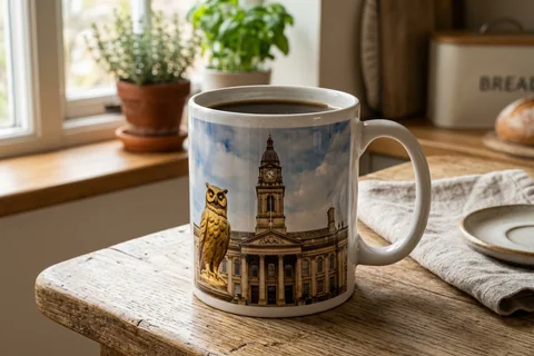 photo mug leeds – a ceramic mug with a wrap-around print of the Civic Hall owls on a kitchen table