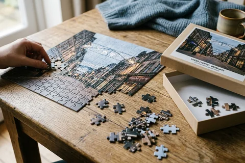 photo puzzle leeds – a partly completed jigsaw puzzle of Briggate lights on a wooden table