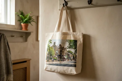 photo tote bag leeds – a cloth tote bag printed with a photograph of Chapel Allerton hanging on a hallway hook