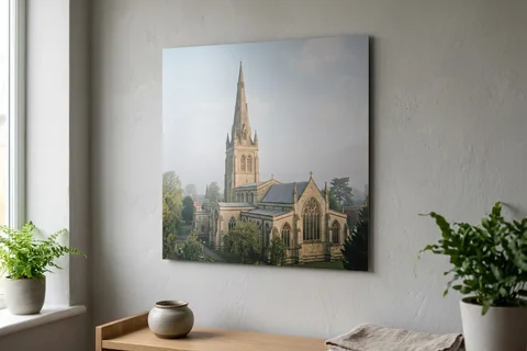 aluminium photo print leicester – a matte aluminium panel print of Leicester Cathedral in morning mist mounted flush on a grey wall