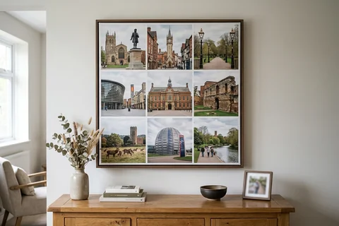canvas collage print leicester – a collage canvas of nine small Leicester scenes in a nine-photo grid hung above a sideboard