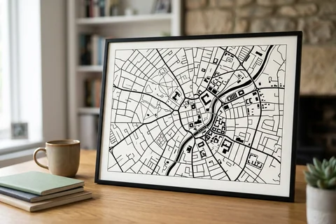 leicester city map poster – a framed minimalist black-and-white street map poster of the city centre on a desk