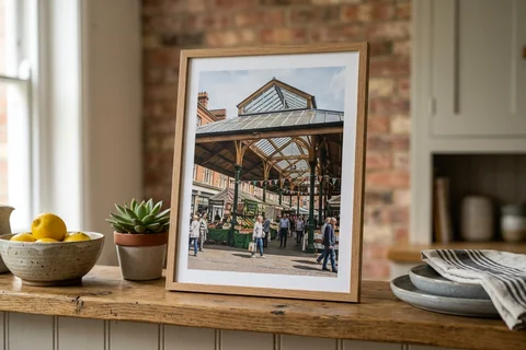 framed photo board leicester – a slim-framed photo board of Leicester Market canopy standing on a kitchen shelf
