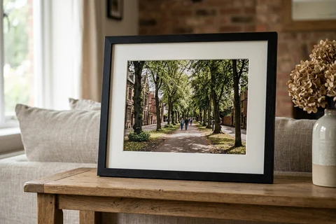 framed photo print leicester – a framed print of New Walk's tree-lined path with a white mount and black frame standing on a console table