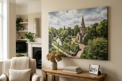 large canvas print leicester – a very large canvas of Abbey Park looking towards the pavilion dominating a living room wall