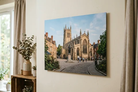 photo board print leicester – a frameless matte photo board of the King Richard III Visitor Centre hanging flush on a pale wall