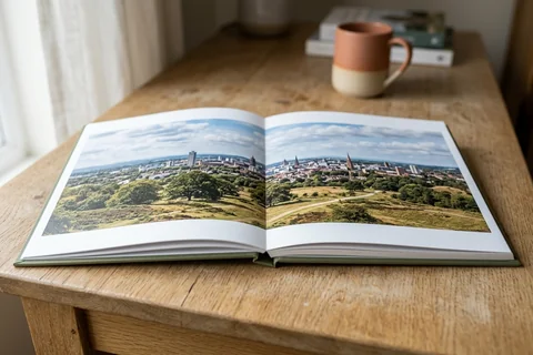 photo book leicester – an open layflat photo book showing a panorama of the city from Bradgate Park across the double-page spread