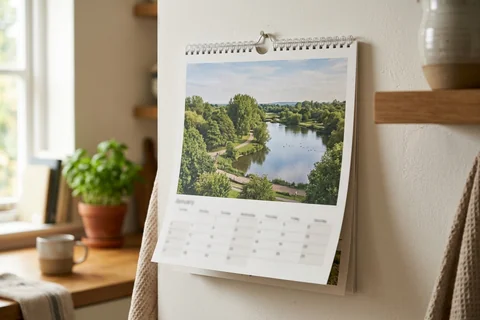 photo calendar leicester – a spiral-bound wall calendar open on a month showing Watermead Country Park, hanging in a kitchen