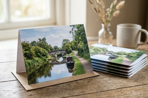 photo cards leicester – a stack of folded greetings cards with a photograph of the Grand Union Canal at Aylestone on the front, one propped open