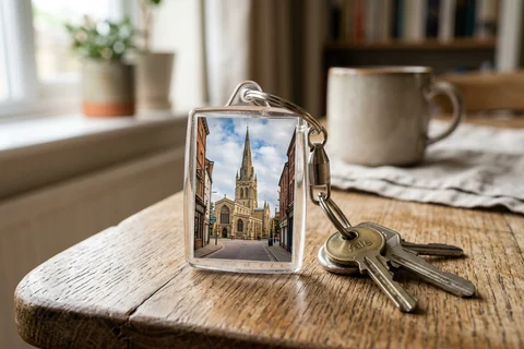 photo keyring leicester – a rectangular photo keyring showing St Martin's Cathedral beside a set of keys