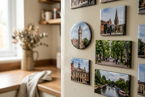 mixmags photo magnets leicester – several photo magnets of Leicester landmarks in different shapes on a fridge door
