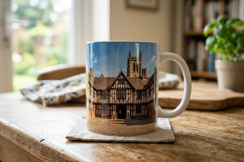 photo mug leicester – a ceramic mug with a wrap-around print of the Guildhall on a kitchen table
