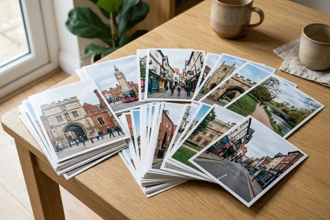 photo prints leicester – a loose fan of 10×15 cm photo prints of Leicester street scenes on a pale wooden table