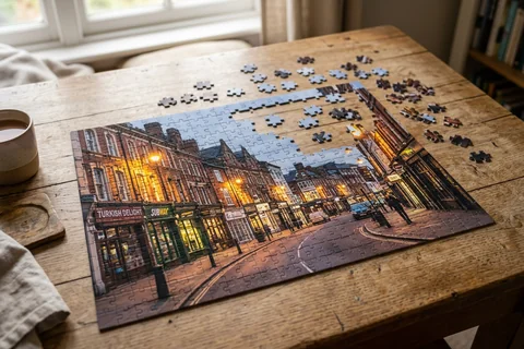 photo puzzle leicester – a partly completed jigsaw puzzle of Granby Street lights on a wooden table