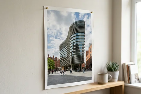 poster print leicester – an unframed poster print of the Curve theatre pinned to a pale wall