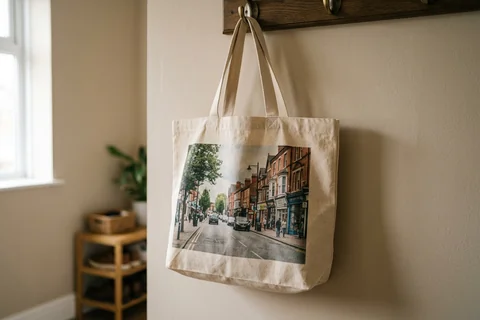 photo tote bag leicester – a cloth tote bag printed with a photograph of Queens Road hanging on a hallway hook