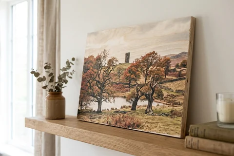 photo print on wood leicester – a wood print of Bradgate Park in autumn with the grain visible through the image, leaning on a shelf