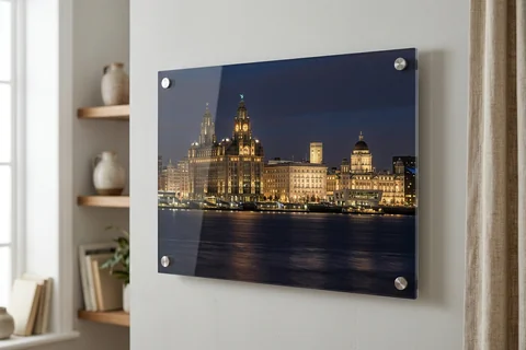 acrylic photo print liverpool – a glossy acrylic print of the Pier Head skyline at night mounted off a pale wall