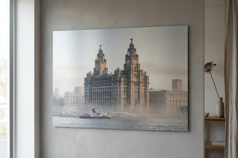 aluminium photo print liverpool – a matte aluminium panel print of the Liver Building in morning mist mounted flush on a grey wall