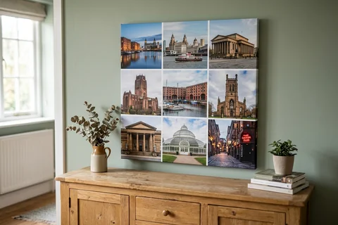 canvas collage print liverpool – a collage canvas of nine small Liverpool scenes in a nine-photo grid hung above a sideboard
