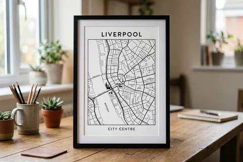 liverpool city map poster – a framed minimalist black-and-white street map poster of the city centre on a desk