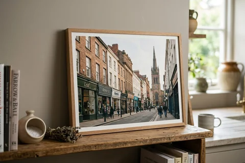 framed photo board liverpool – a slim-framed photo board of Bold Street shopfronts standing on a kitchen shelf