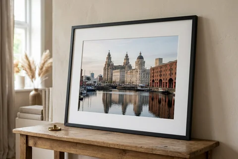 framed photo print liverpool – a framed print of the Albert Dock with a white mount and black frame standing on a console table