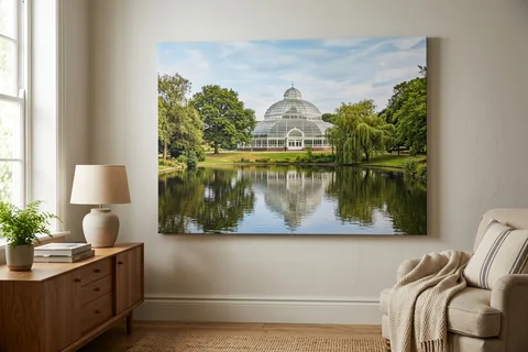 large canvas print liverpool – a very large canvas of Sefton Park looking towards the Palm House dominating a living room wall