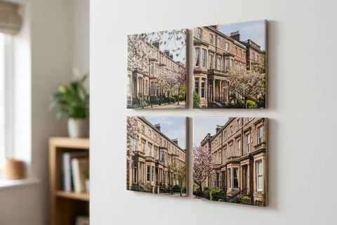 mixpix photo tiles liverpool – four 20×20 cm photo tiles of Falkner Square's Georgian terraces arranged in a cluster on a white wall with no visible fixings