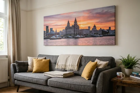 panoramic canvas print liverpool – a wide panoramic canvas of the Mersey from the ferry at sunset hung above a long sofa