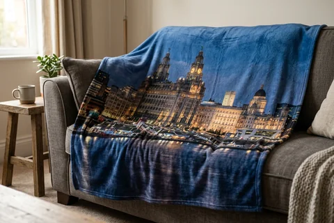 photo blanket liverpool – a plush blanket printed edge to edge with the waterfront at night draped over a sofa