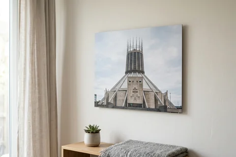 photo board print liverpool – a frameless matte photo board of the Metropolitan Cathedral hanging flush on a pale wall
