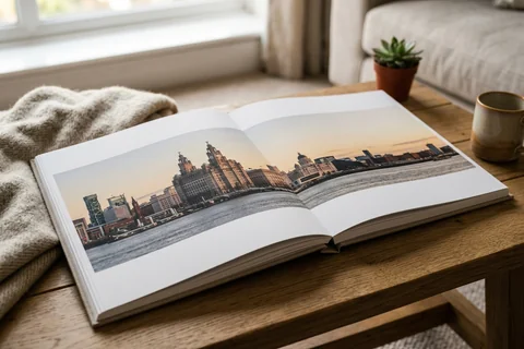 photo book liverpool – an open layflat photo book showing a panorama of the Mersey waterfront across the double-page spread