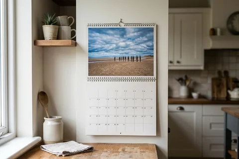 photo calendar liverpool – a spiral-bound wall calendar open on a month showing Crosby beach at low tide, hanging in a kitchen