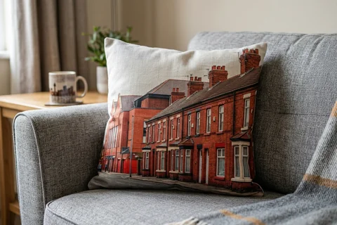 photo cushion liverpool – a plush square cushion printed borderless with a red-brick Anfield terrace on a grey sofa