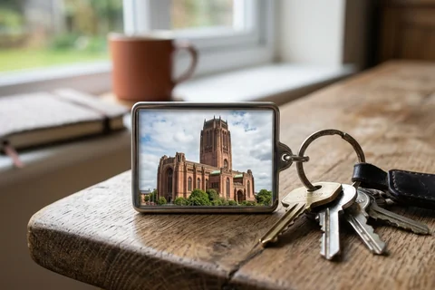 photo keyring liverpool – a rectangular photo keyring showing Liverpool Anglican Cathedral beside a set of keys