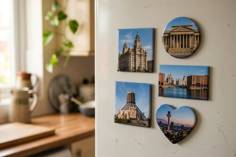 mixmags photo magnets liverpool – several photo magnets of Liverpool landmarks in different shapes on a fridge door