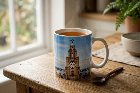 photo mug liverpool – a ceramic mug with a wrap-around print of the Royal Liver Building clock on a kitchen table