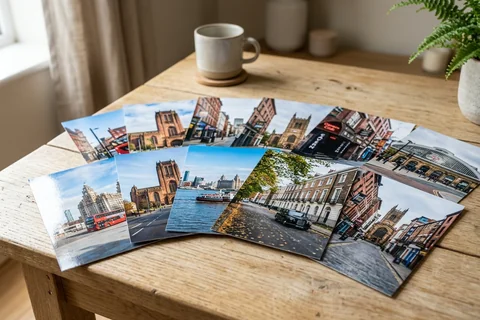 photo prints liverpool – a loose fan of 10×15 cm photo prints of Liverpool street scenes on a pale wooden table