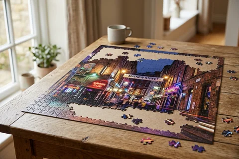 photo puzzle liverpool – a partly completed jigsaw puzzle of Mathew Street lights on a wooden table