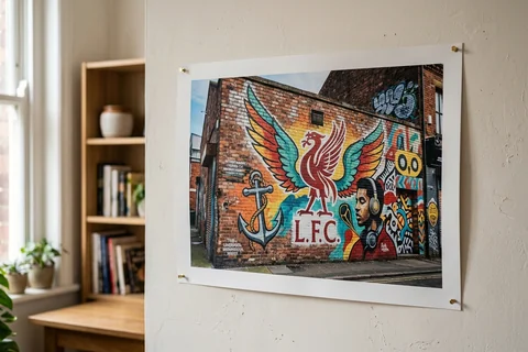 poster print liverpool – an unframed poster print of a Baltic Triangle mural pinned to a pale wall