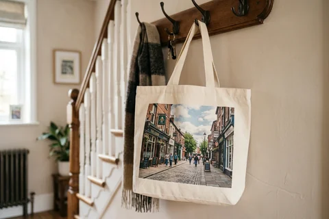 photo tote bag liverpool – a cloth tote bag printed with a photograph of Lark Lane hanging on a hallway hook