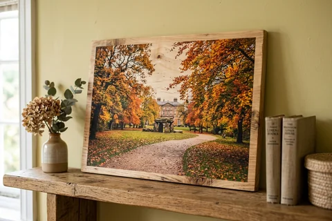 photo print on wood liverpool – a wood print of Calderstones Park in autumn with the grain visible through the image, leaning on a shelf