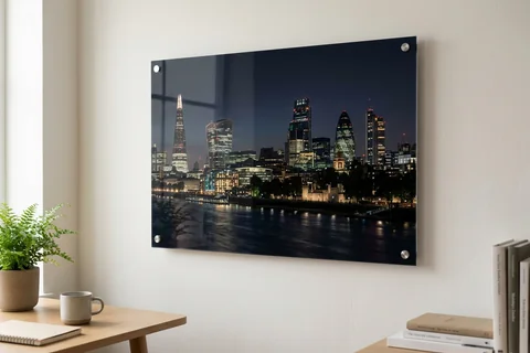 acrylic photo print london – a glossy acrylic print of the City of London skyline at night mounted off a pale wall