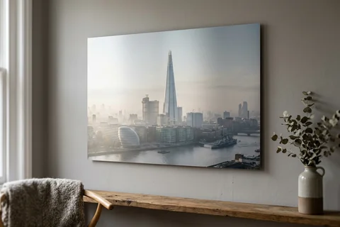 aluminium photo print london – a matte aluminium panel print of the Shard in morning mist mounted flush on a grey wall